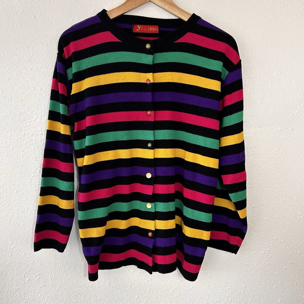 Vintage Women's Multicolor Striped Knit Button Cardigan Sweater Long Sleeve